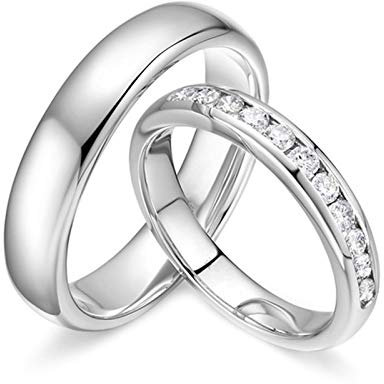 NTALJC Ringe aus 18-karätigem Weißgold für Damen und Herren, Verlobungsringe für Paare, Set rund poliert mit 0,3-karätigem Diamantring, Schmuck, Paarring aus Weißgold