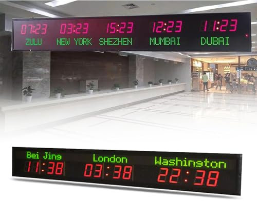 LZDOYY LED-Weltzeituhr, Wandmontage, 3/4/5/6 Städte-Zeitzonen-Weltzeituhr, 5 Helligkeitsstufen/Stadt änderbar, für Unternehmen, Hotel, Firma, Flughafen,3time