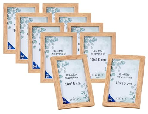levandeo 10er Set Portrait Bilderrahmen Made in EU 10x15 Eiche Optik Natur Glasscheibe Fotorahmen Holz Picture Frame Deko Tischdeko Wanddeko Fotoaufsteller