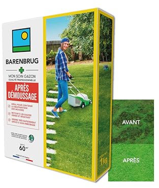 BARENBRUG - Soin Après Démoussage - Limite Réapparition Mousses - Gazon Dense et Résistant - Germe Très Rapidement - Semences avec Enrobage - Fabriqué en France - 1KG