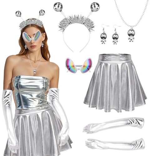 Orizizhic 6 Stück Alien Kostüm Damen Set, Space Girl Kostüm Damen Weltraum mit Alien Glitzerrock Haarreif Brille Handschuhe Ohrringe Halskette Accessoires Für Fasching Maskerade Karneval Party
