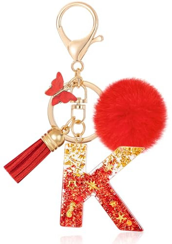 MWOOT Initiale Letter Keychains Porte Clé Lettre K,Alphabet Initial Keyring avec Papillon Pompon Pendentif,Rouge Feuille D'or Key Ring pour Femmes Portefeuilles Sac à Main Bagages Charme(K)