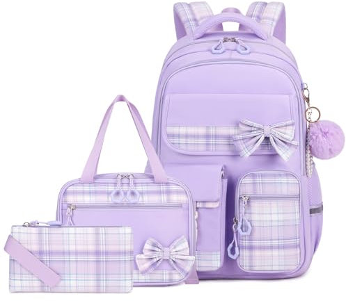 Amythe Mochila Escolar para Niñas de 3 Piezas con Lonchera y Estuche, Mochila Colegio para Chicas de Primaria y Secundaria, Mochilas Tipo Casual Adorable para Adolescentes, Morado