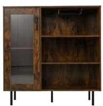 GIANTEX Armario para vino, mueble de almacenamiento con 3 compartimentos abiertos, soporte para copas de vino, estante ajustable, puerta individual, patas de metal, aparador para cocina, comedor