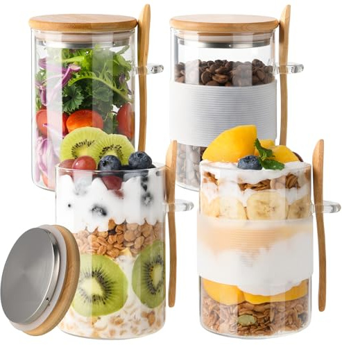 YBCPACK Glass Overnight Oats Jars with Lids and Spoons, 4 Pack 500ml Overnight Oats Containers with Secure-Grip Bands, Borosilicate Glass Breakfast Pots for Yogurt, Chia Pudding, Breakfast Oatmeal