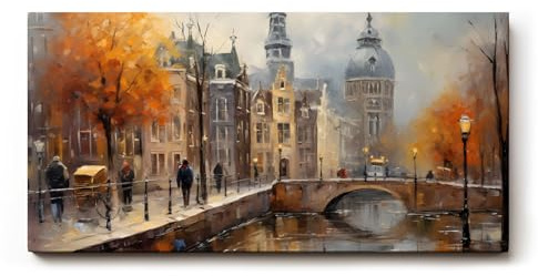 Sinus Art Wandbild 100x50cm Stimmungsvolle Darstellung von Amsterdam mit Kanal Brücke und Altstadt bei herbstlichem Licht