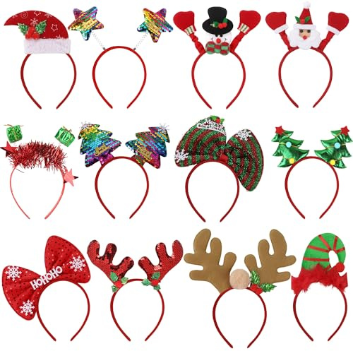 FancyFun 12 Stück Weihnachten Haarreifen Weihnachten Stirnbänder Weihnachts Kopfschmuck Weihnachten Baum Rentiergeweih Weihnachtsgeschenke