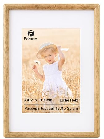 Feihorrm Bilderrahmen A4, Eichenholz Fotorahmen mit Gehärtetem Glas | Rahmen mit Passepartout für 13.8x20cm Foto, Bilderrahmen Holz für Wohnzimmer, Schlafzimmer, Büro, Wand & Tischbilderrahmen