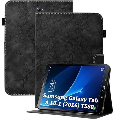 Cicili Case for Samsung Galaxy Tab A 10.1 2016 (SM-T580/SM-T585/SM-T587）, Stand Hard Back PU Leather Cover Embossed Flower Multi-Angle Stand with Auto Wake/Sleep, Black