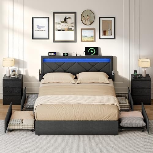 VASAGLE Double Bed Frame with LED Lights, Adjustable Headboard, Platform Bed with Underbed Storage Drawers, USB-A and USB-C Ports, 500 kg Weight Capacity, No Box Spring Needed, Slate Grey RMB926GN01