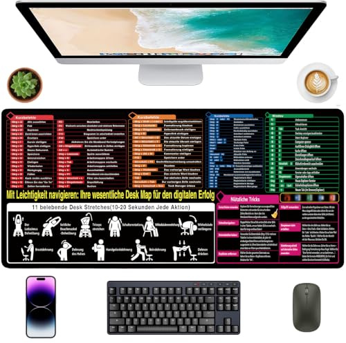 KINDLUME Tapis de Souris, Tapis de Souris Gaming, Tapis Raccourci Excel, Raccourcis Clavier pour Word et PowerPoint, pour Poste de Travail, Bureau et Domicile, Anti-Dérapante (Allemand)