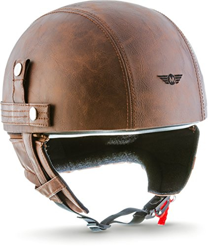 Moto Helmets® D22 „Leather Brown“ · Brain-Cap · Halbschale Jet-Helm Motorrad-Helm Bobber · Fiberglas Schnellverschluss SlimShell Tasche S (55-56cm)