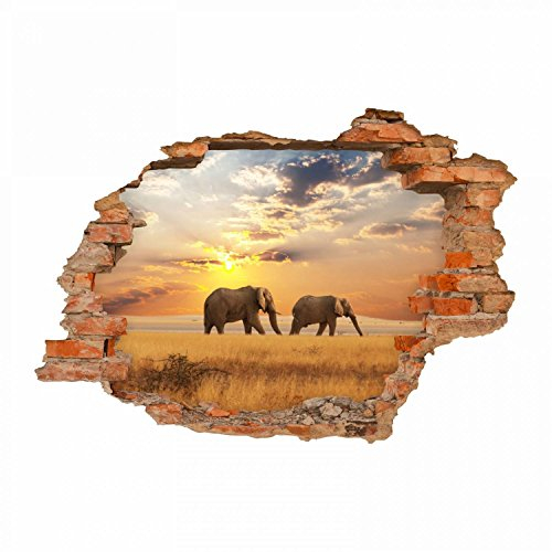091 Wandtattoo Elefant Sonnenuntergang Savanne - Loch in der Wand - in 6 Größen - Kinderzimmer Sticker Aufkleber Wanddeko Wandbild - Größe 1250 x 870 mm