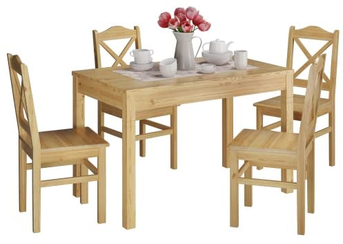 Erst-Holz Rustikale Tischgruppe Esstisch und 4 Stühlen Kiefer Massivholz