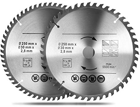 Sägeblatt 250mm 2 Stück Kreissägeblatt Allesschneideblatt Sägeblatt Kreissägeblätter Handkreissäge 250mm Wood zum TCT Sägen in Holz für Handkreissägen 48/60 Zähne
