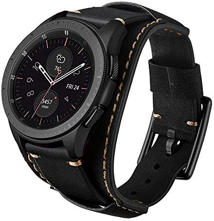 Leotop Compatible with Samsung Galaxy Watch 46mm/Gear S3 Frontier/Galaxy Watch 3 45mm/Classic Strap, 22mm Replacement Genuine Leather Cuff Band with Stainless Steel Buckle for Men Women (22mm, Black)