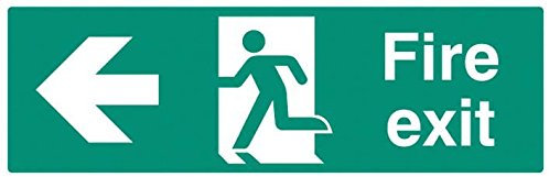 Panneau de signalisation, sortie de secours gauche, sav, hauteur extérieure 150 mm, largeur extérieure 450 mm, couleur du panneau blanc sur vert, panneau légende flèche de sortie de secours gauche,