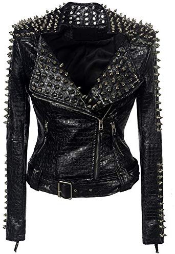 E-girl Damen Schwarz Nieten Lederjacke Kunstleder Bikerjacke mit Reißverschluss,P608,M