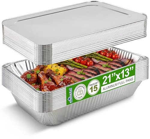 EHOMEA2Z Aluminum Pans With Lids, Large Full Size 21x13x3 Disposable Foil Pans, Heavy Duty Roasting, Baking, Broiling, Catering & Chafing Pans (15, Full-Size w/Lids)