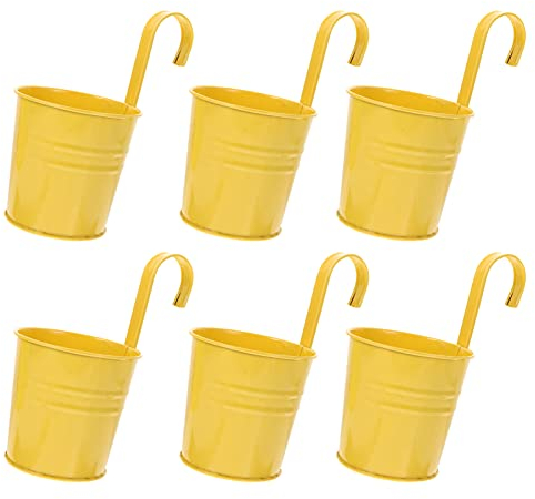 Cabilock 6Pcs Hängender Blumentopf Metall Blumentöpfe Blumeneimer Hängetopf Wand Pflanzer mit Ablaufloch Metall Vase Pflanztöpfe Pflanzgefäße Balkontopf Übertopf für Zuhause Garten Balkon Gelb