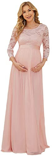 Ever-Pretty Robe de Grossesse Shooting Photo Longue Dentelle Femme Plissé Manches 3/4 Col Rond A Line Chic Rose Clair 42
