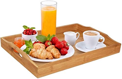 Dudoplatz Bamboo Serving Tray with Handles, Ideal for Dinner, Tea, Bar, Table, or Breakfast, Good for Parties or Bed (45 x 33 x 3 cm)