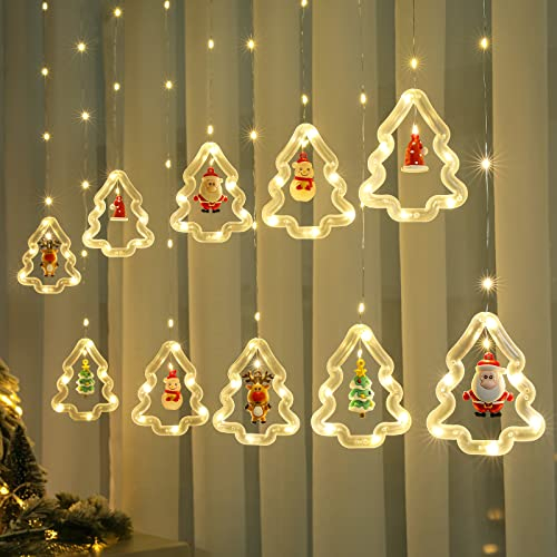 BLOOMWIN Lichterkettenvorhang Fenster Weihnachtsdeko, Weihnachtsbaum Lichtervorhang mit Weihnachtsschmuck, Weihnachtsbeleuchtung Fenster Lichterkette Innen 3m 8 Modi USB Warmweiß