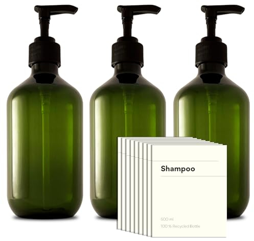 Recycled Plastic Pump Bottle Dispenser 3 x 500ml, Bathroom Bottles With Labels, Empty Refillable Shampoo and Conditioner Dispenser Bottle with Pump for Liquid Hand Soap, Shower Gel, Body Wash, Lotion