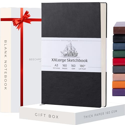 Beechmore Books A3 Sketchbook – 11.7x16.5 Premium Vegan Leather Bound Extra Large Sketch Book Hardcover, 160gsm 160 Perforated Ivory Pages, Blank Sketch Pad, Gift Boxed, Back Pocket, Ribbon Bookmark