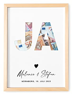 DEL MÀ Unique & Personal Geldgeschenk zur Hochzeit Personalisiertes Bild JA Hochzeitsgeschenk für Brautpaar Geld mit Bilderrahmen Hochzeitsposter Geld Verpackung