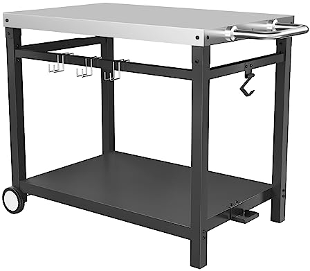 BBQ Future Carrello da forno per pizza da esterno, carrello da cucina mobile a doppio ripiano con 3 ganci e maniglia laterale, carrello per forno per pizza per cucina, esterno o cortile, argento