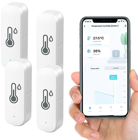 Vusddy 4 Stücke Wlan Thermometer Hygrometer für Innen, Wifi Temperatursensor kabelloser mit Datenrekorder, Fernüberwachung und Alarm über die Tuya-App, kompatibel mit Alexa, Google Home, Smart Life