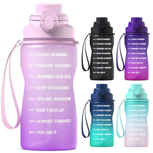 Y&3 Bouteille d'eau de 1,9 l avec paille et marqueur de temps, bouteille d'eau motivante avec poignée, anti-fuite, en Tritan sans BPA, pour fitness, salle de sport, extérieur (rose givré/violet, 1,2