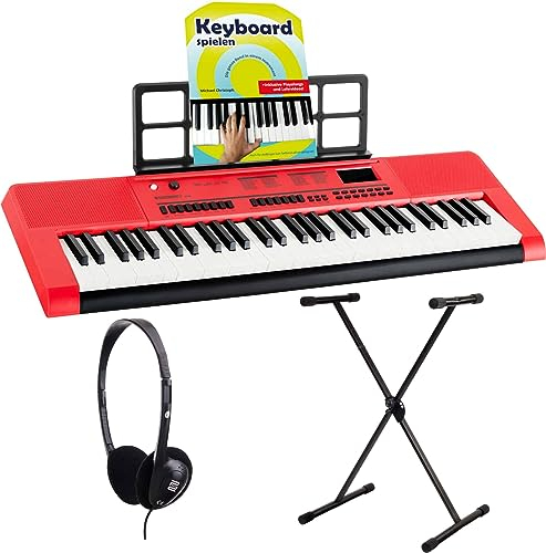McGrey 6170 RD Akku-Keyboard Rot - 61 Tasten-Keyboard mit integriertem Akku - 200 Klänge und Rhythmen - Eingebauter MP3-Player - Set inkl. X-Keyboardständer, Kopfhörer & Keyboardschule - Rot
