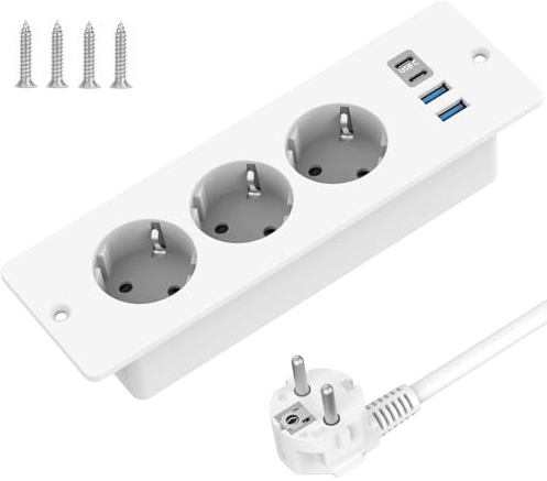 Tischplatte Versenkte Steckdose mit 2 USB und 2 Type-C, 3-Fach Einbau Steckdosenleiste mit 2m Kabel, Tischsteckdose Mehrfachsteckdose für Möbel oder Arbeitsflächen (Weiß)
