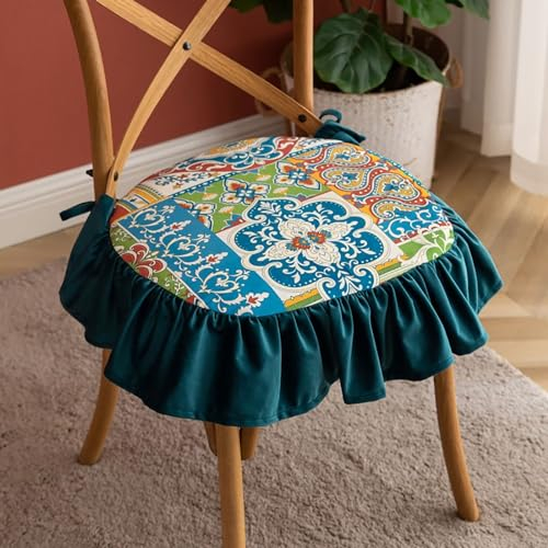 ZIBENE Stuhlkissen Vintage Shabby Chic mit RüSchen, Sitzkissen Stuhl 6er Set, Sitzkissen Esszimmer mit FüLlung Waschbar Stuhlauflagen KüChenstuhl mit ReißVerschluss, Landhausstil Samt Stoff, Grün