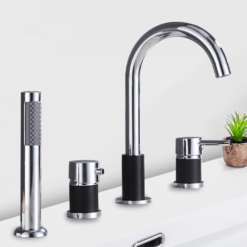 XJTNLB Wannenrandarmatur 4 Loch Badewannenarmatur mit Handbrause, Mischbatterie Badewanne Armatur Dusche Set Wasserhahn Badewanne Chrom+Schwarz