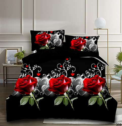 BQC 4 Pcs Duvet Cover Set 3D Printed Microfiber Quilt Cover with Extra Fitted Sheet Hypoallergenic Bedding Set with 2 Pillow Cases (Red Rose Black Base 359, Double)