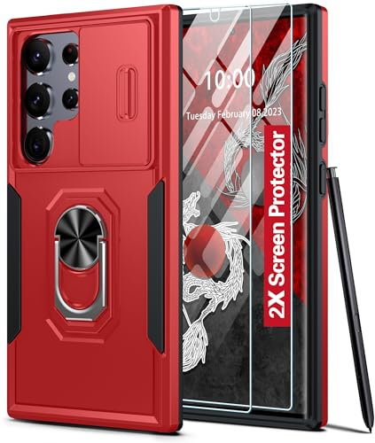 AMILIFECASES For Samsung Galaxy S24 Ultra Case,[Built-in Slide Camera Cover & Rotatable Kickstand][2* Screen Protectors] Military Grade Shockproof Anti-Scratch Samsung S24 Ultra 5G Case - Red