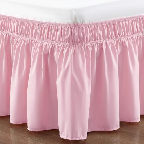 RIMELA Pinker Bettrock für King-Size-Betten, 38,1 cm Länge, elastische Bettsockel für Bettgestell und Rahmen, Bettwäsche, Staub-Rüschen, einfach zu installieren, leichtes Bettdecken-Set mit