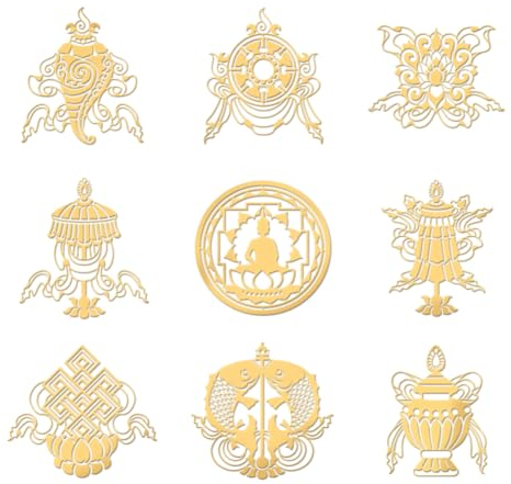 OLYCRAFT 9pcs 4x4cm Goldene Metall Aufkleber Religion Thema Aufkleber Acht Auspicious Aufkleber Self AdhesiveLuck Sticker Luck Aufkleber Ashtamangala für DIY Scrapbooks Epoxidharz Dekoration