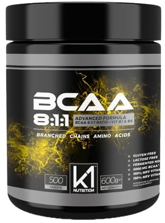 K1 NUTRITION - BCAA 8:1:1 Aminoacidi Ramificati in Compresse - Pre Workout Palestra - Integratori con Vitamina B1 e Vitamina B6 - Senza Glutine e Senza Lattosio (Senza Portapillole)