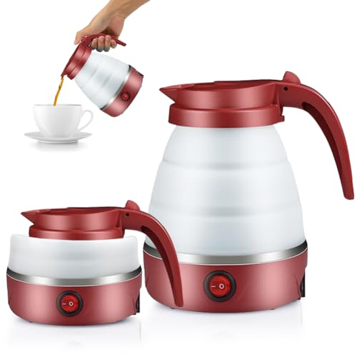 Hervidor de Agua Portátil para Camping 600ML, EUBSWA Hervidor de agua plegable, mini hervidor de silicona para camping, viajes, exteriores (Rojo)