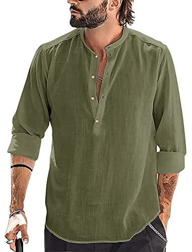 Runcati Men's Long-Sleeve Cotton-Linen Stand-Collar Shirt | Men's long-sleeve cotton-linen stand-collar shirt