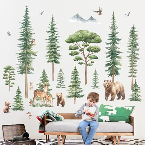 decalmile Wandtattoo Baum Groß Kiefer Wandaufkleber Waldtiere Baum Bär Hirsch Wandsticker Kinderzimmer Wohnzimmer Schlafzimmer Wanddeko