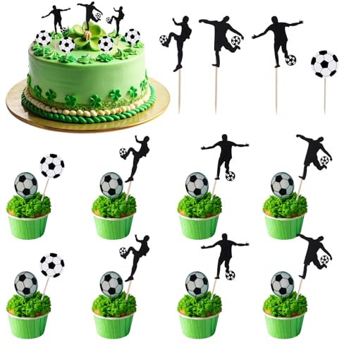 Kuchen Deko Fußball, 48 Stück Tortendeko Fussball Cupcake Topper Fussball-Party Tortenaufleger Fussball Exquisit Fußball-Deko Geburtstag, Junge-Fussball Muffin-Deko für Geburtstagsfeie