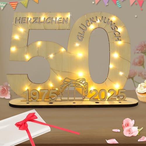 Seutgjie Deko 50 Geburtstag Frau Mann, Geldgeschenke Geburtstag 50 Originelle Holz Schild Gästebuch mit LED Lichterkette für Männer Frauen Goldene Hochzeit Jubiläum Tischdeko 1975-2025