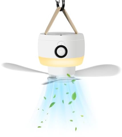 LAMA 10.4 Camping Ceiling Fan with LED Lantern, 8000mAh USB Rechargeable Small Hanging Fan Light, Remote Control, Detachable Fan Blades, 3 Speeds Adjustable RV Bedroom Coop Tent Camp Fan Lights