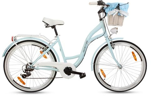 Goetze Mood 26 Zoll Damen Citybike, 17 Zoll Tiefeinsteiger Rahmen, 6-Gang Kettenschaltung, V-Bremse, LED-Beleuchtung, Gepäckträger, Komfortsattel, Schutzbleche, Rattankorb mit Stoffeinsatz!