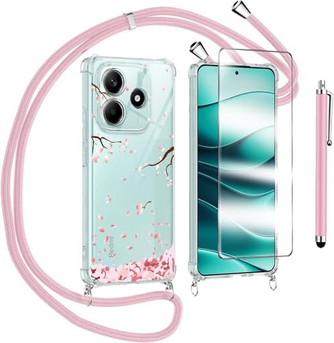 Handykette Kompatibel mit Xiaomi Redmi Note 14 4G(Ohne 5G)Hülle mit Displayschutzfolie Schutzfolie, Necklace Handyhülle mit Abnehmbar Kordel zum Umhängen Silikon Case Schutzhülle mit Band klar , Rosa